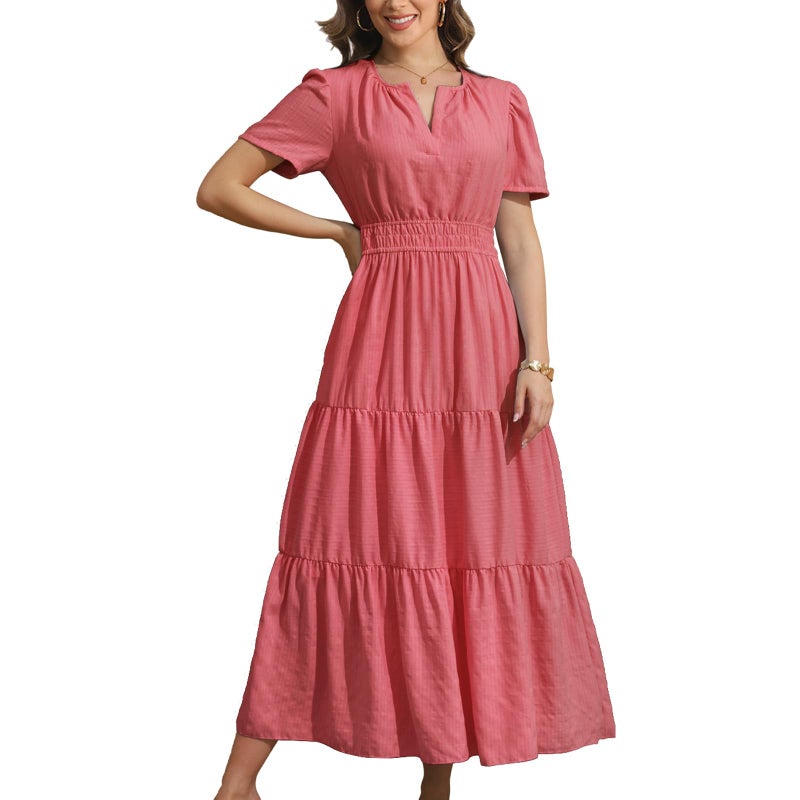 Rainday Womens Casual Maxi Dresses Fashion Holiday Short Sleeved Elastic Waist Beach Boho Dress with Pockets(Z3918PK,3XL) - Image 1