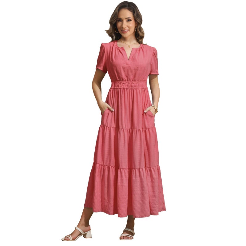 Rainday Womens Casual Maxi Dresses Fashion Holiday Short Sleeved Elastic Waist Beach Boho Dress with Pockets(Z3918PK,3XL) - Image 3