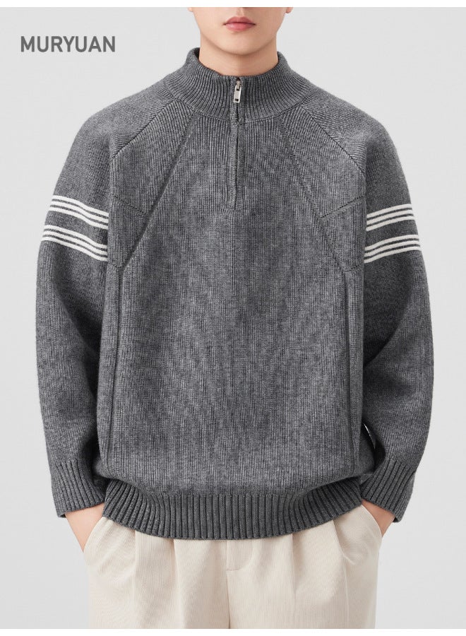 WINTER New American Style Zipper Stand Collar Sweater Men's Fashion Brand Striped Sports Knit Jacket - Image 1