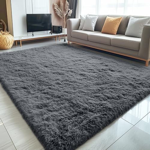 OLANLY 5x7 Machine Washable Large Area Rugs for Living Room, Bedroom, Soft Fluffy Shaggy Bedside Rug, Indoor Floor Carpet for Kids Girls and Boys, Dorms, Nursery, Home Decor Aesthetic, Grey - Image 3
