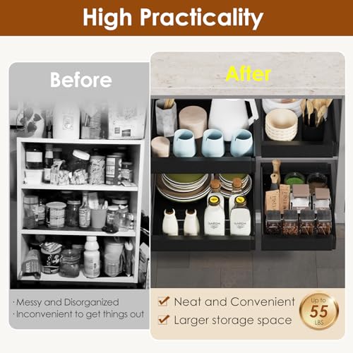 Landmok 2 Pack Expandable Pull Out Cabinet Organizer 16.5" Deep, Adjustable Width 12.6"-20.5", No Drill Adhesive with Triple Track Rails, Heavy Duty Slide Out Drawers for Kitchen,Pantry,Cabinets,Black - Image 3