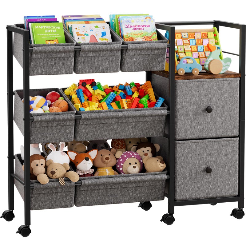 Modanais Kids Toy Organizers and Storage Bins - 7 Storage Bins + 2 Fabric Drawers + 1 Bookshelf, Playroom Storage, Mobile Cart Organizer for Toy, Clothes, Blankets and Books - Black - Image 1