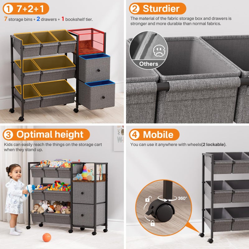 Modanais Kids Toy Organizers and Storage Bins - 7 Storage Bins + 2 Fabric Drawers + 1 Bookshelf, Playroom Storage, Mobile Cart Organizer for Toy, Clothes, Blankets and Books - Black - Image 4