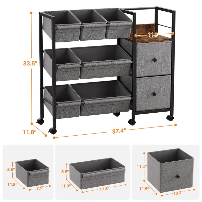 Modanais Kids Toy Organizers and Storage Bins - 7 Storage Bins + 2 Fabric Drawers + 1 Bookshelf, Playroom Storage, Mobile Cart Organizer for Toy, Clothes, Blankets and Books - Black - Image 2