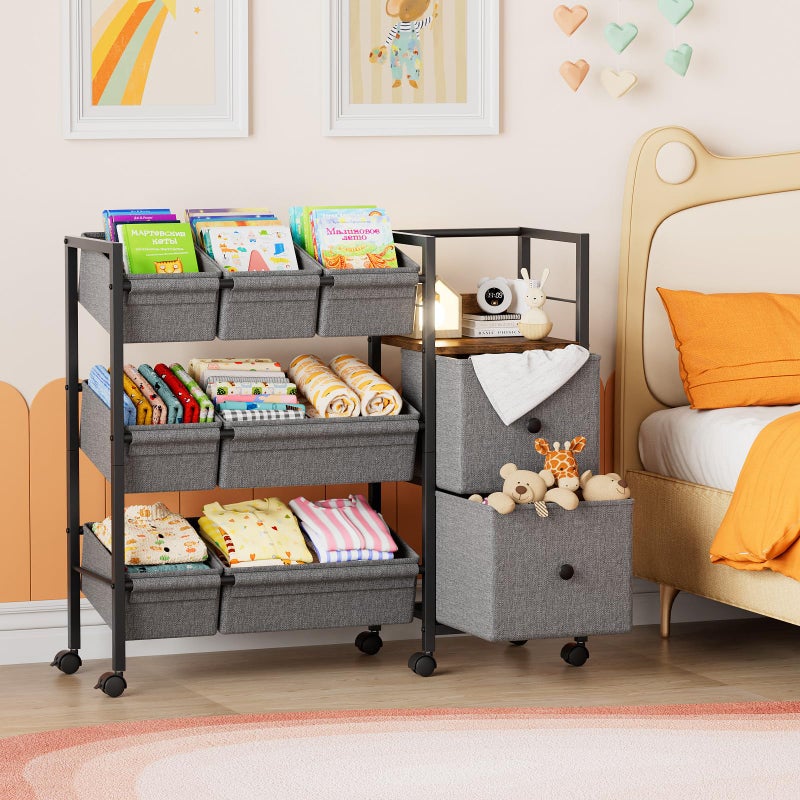 Modanais Kids Toy Organizers and Storage Bins - 7 Storage Bins + 2 Fabric Drawers + 1 Bookshelf, Playroom Storage, Mobile Cart Organizer for Toy, Clothes, Blankets and Books - Black - Image 3