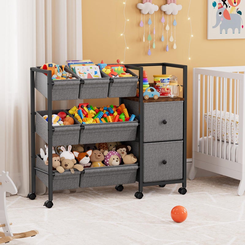 Modanais Kids Toy Organizers and Storage Bins - 7 Storage Bins + 2 Fabric Drawers + 1 Bookshelf, Playroom Storage, Mobile Cart Organizer for Toy, Clothes, Blankets and Books - Black - Image 5