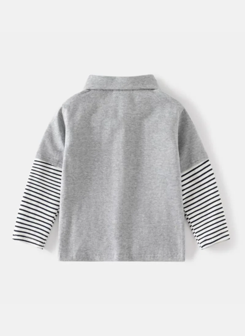 YUNIQEE Grey Striped Polo Collar Long Sleeves Tshirt