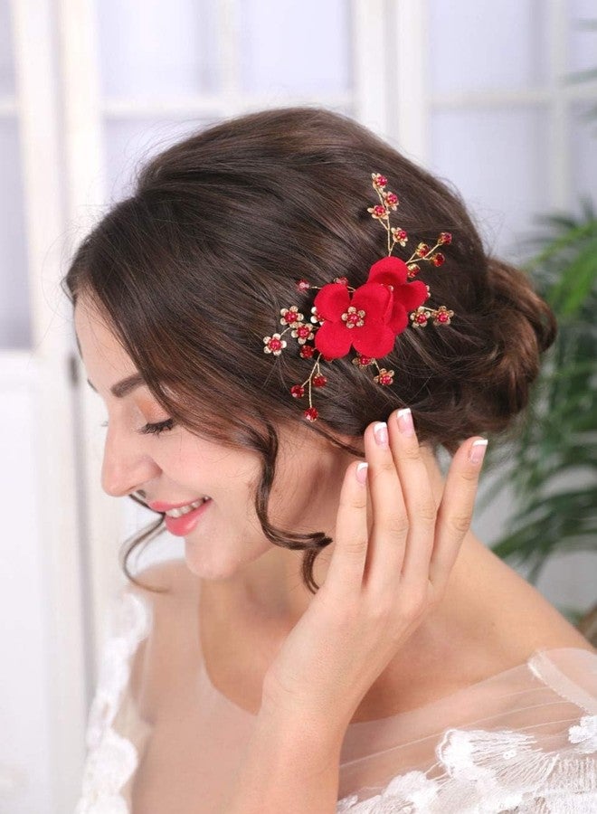 Sither Red Hair Clip for Bridal Floral Hair Comb for Women Wedding Hair Accessories for Bride Hair Clip Headpiece for Wedding Party Prom Gift - Image 2