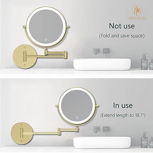 MIROAMZ Rechargeable Wall Mounted Lighted Makeup Vanity Mirror 8 Inch Double Sided 1X 10X Magnifying Bathroom Mirror, 3 Color Lighting, Touch Screen Dimming, 360 Rotation Shaving Mirror Gold - Image 2