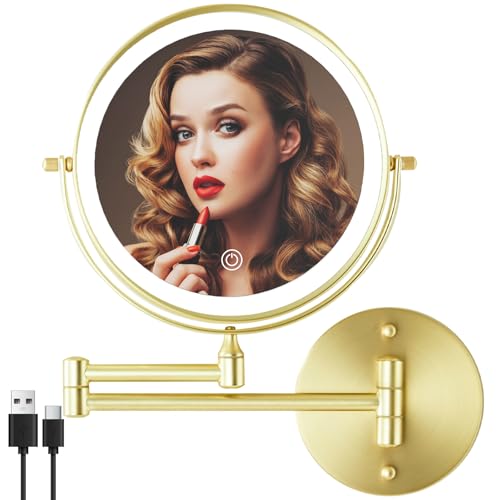 MIROAMZ Rechargeable Wall Mounted Lighted Makeup Vanity Mirror 8 Inch Double Sided 1X 10X Magnifying Bathroom Mirror, 3 Color Lighting, Touch Screen Dimming, 360 Rotation Shaving Mirror Gold - Image 1