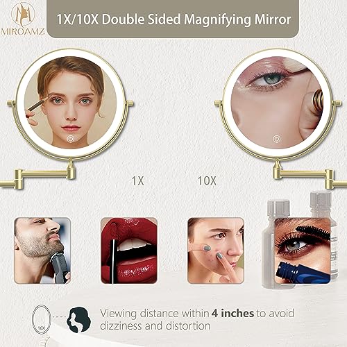 MIROAMZ Rechargeable Wall Mounted Lighted Makeup Vanity Mirror 8 Inch Double Sided 1X 10X Magnifying Bathroom Mirror, 3 Color Lighting, Touch Screen Dimming, 360 Rotation Shaving Mirror Gold - Image 3