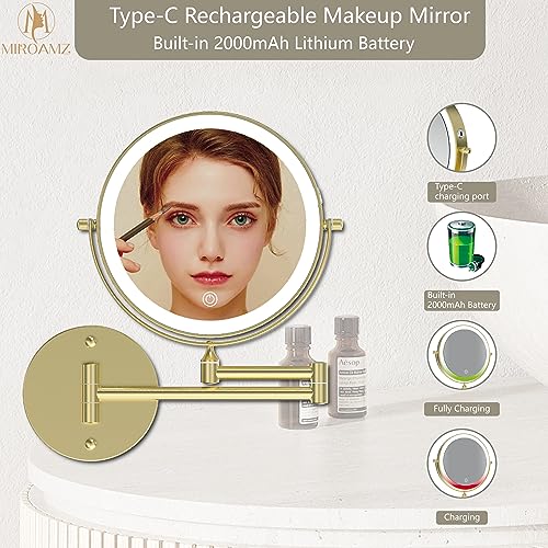 MIROAMZ Rechargeable Wall Mounted Lighted Makeup Vanity Mirror 8 Inch Double Sided 1X 10X Magnifying Bathroom Mirror, 3 Color Lighting, Touch Screen Dimming, 360 Rotation Shaving Mirror Gold - Image 5