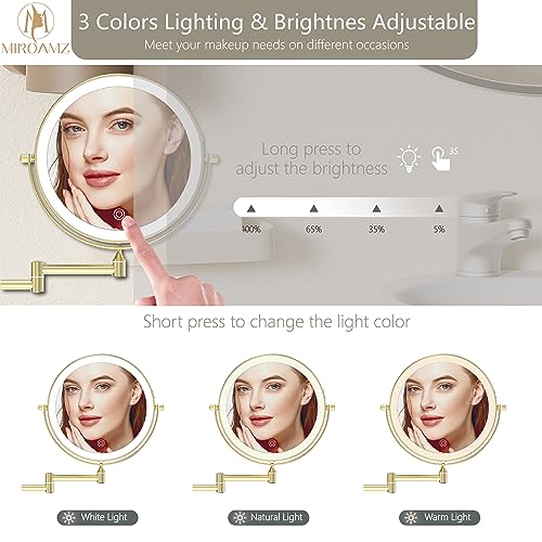 MIROAMZ Rechargeable Wall Mounted Lighted Makeup Vanity Mirror 8 Inch Double Sided 1X 10X Magnifying Bathroom Mirror, 3 Color Lighting, Touch Screen Dimming, 360 Rotation Shaving Mirror Gold - Image 4