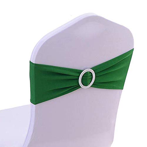 SINSSOWL 50 Pack Stretch Spandex Dark Green Chair Sashes for Wedding Chair Bows Bands with Slider Buckles Fitting Party Feast Banquet Restaurant Event Bridal Baby Shower Decoration