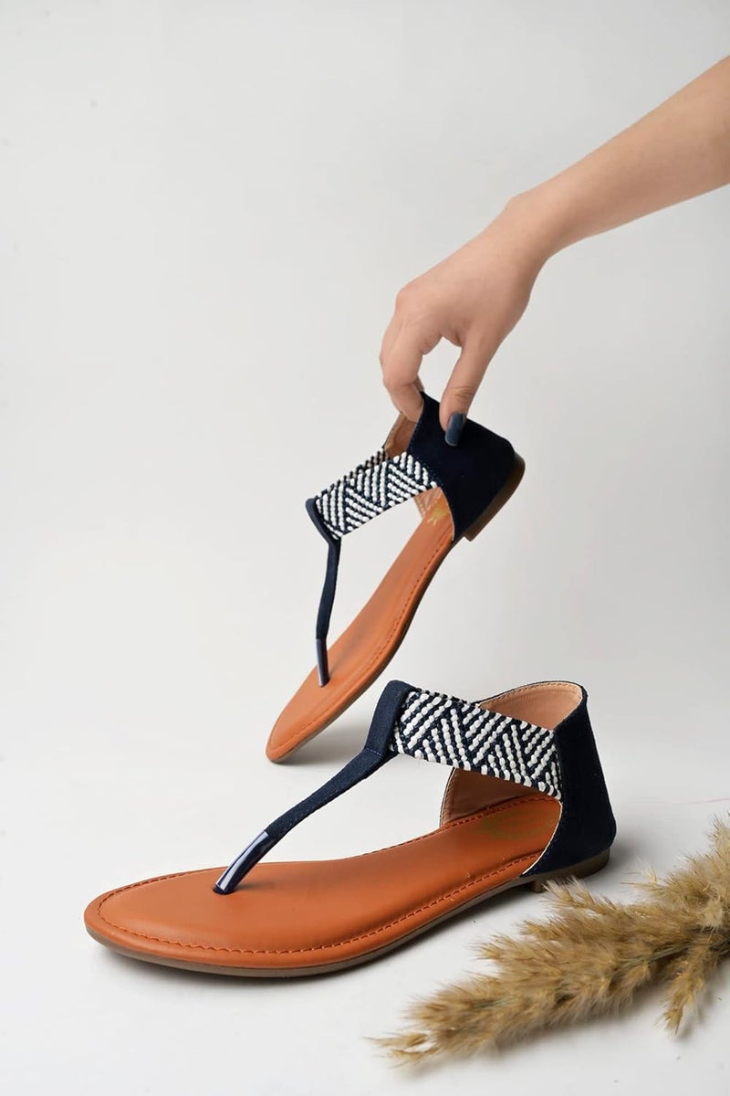 Shoetopia Women's Ethnic Style T-Strap Sandals Chevron Ankle Strap Flats for Casual & Festive Comfortable & Stylish Party - Image 1
