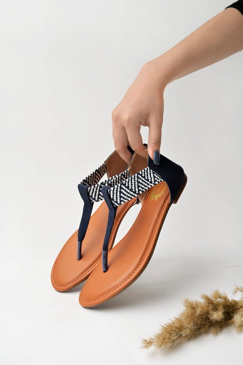 Shoetopia Women's Ethnic Style T-Strap Sandals Chevron Ankle Strap Flats for Casual & Festive Comfortable & Stylish Party - Image 2