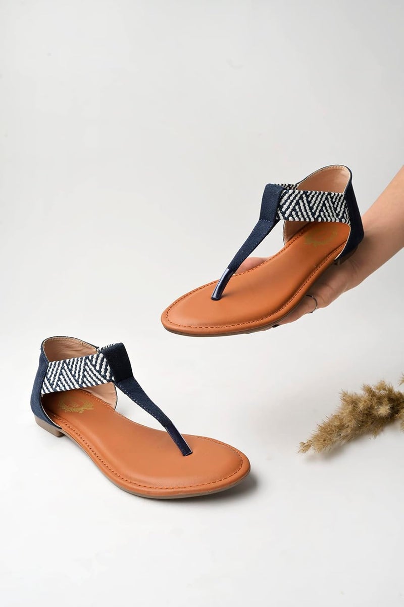 Shoetopia Women's Ethnic Style T-Strap Sandals Chevron Ankle Strap Flats for Casual & Festive Comfortable & Stylish Party - Image 3