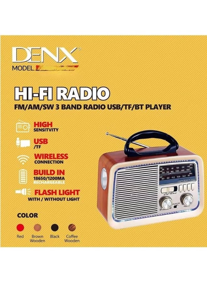 Denx Retro Radio FM/AM/SW 3 Band USB/TF/BT Player with Rechargeable Battery & Flashlight 1 Year Warranty - Image 5