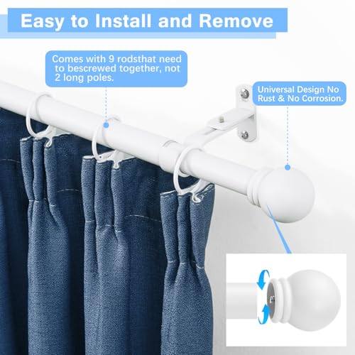 AMZSEVEN Curtain Rods for Windows 16 to 136 Inches, Curtain Rod Max Adjustable Length of 144 IN, 6/8" Diameter Drapery Rods Round Finials, White, Pack of 1 - Image 2
