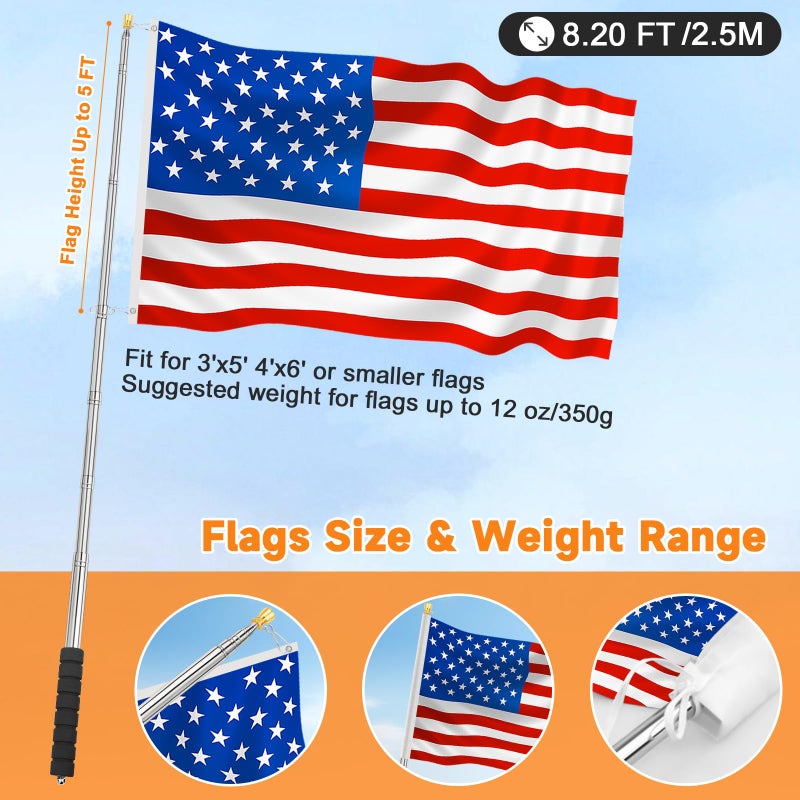 CATMOOW Portable Handheld Flag Pole for Carrying, 8.2Ft/2.5M Stainless Steel Telescopic Hand Held Carry Flag Pole, Telescoping Tour Guide Flag Pole Extendable Hand Flagpoles for 3x5 4x6 flags with 4 Pcs Clips - Image 3