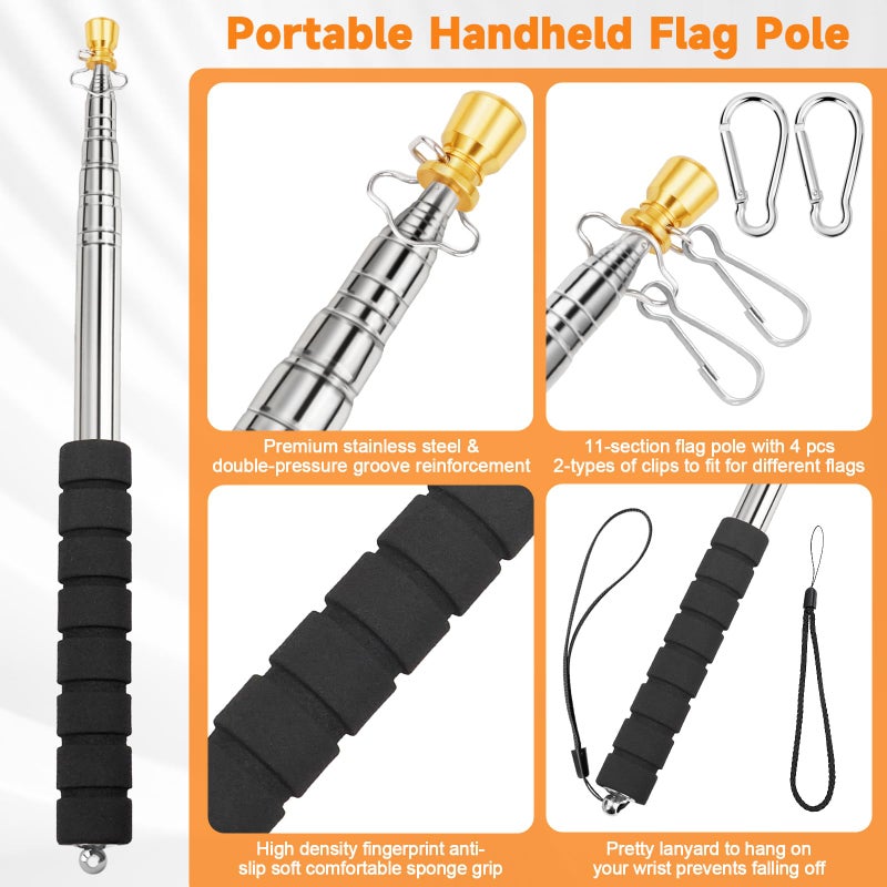 CATMOOW Portable Handheld Flag Pole for Carrying, 8.2Ft/2.5M Stainless Steel Telescopic Hand Held Carry Flag Pole, Telescoping Tour Guide Flag Pole Extendable Hand Flagpoles for 3x5 4x6 flags with 4 Pcs Clips - Image 4