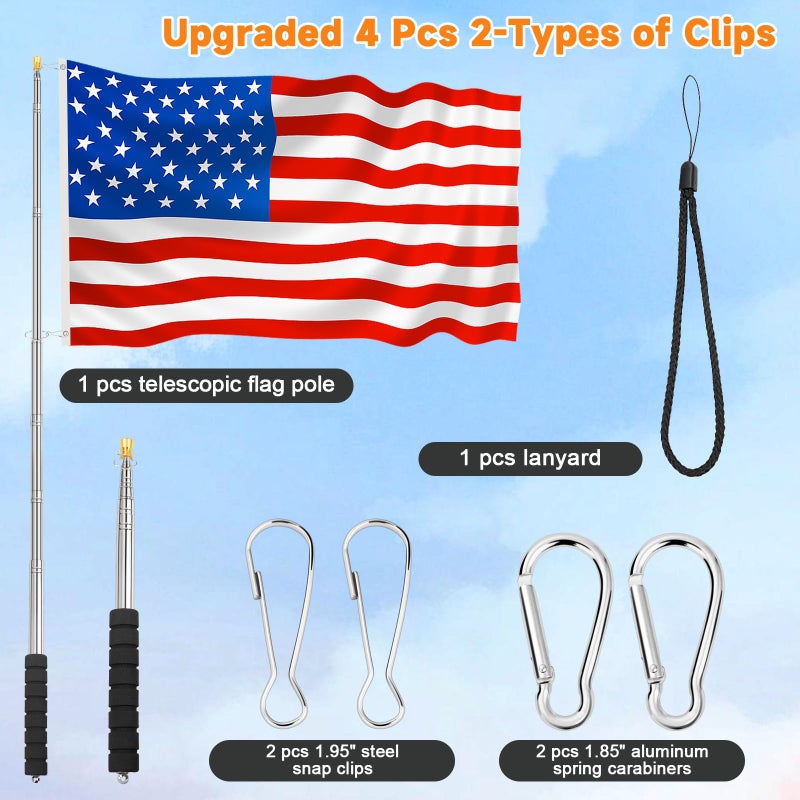CATMOOW Portable Handheld Flag Pole for Carrying, 8.2Ft/2.5M Stainless Steel Telescopic Hand Held Carry Flag Pole, Telescoping Tour Guide Flag Pole Extendable Hand Flagpoles for 3x5 4x6 flags with 4 Pcs Clips - Image 5