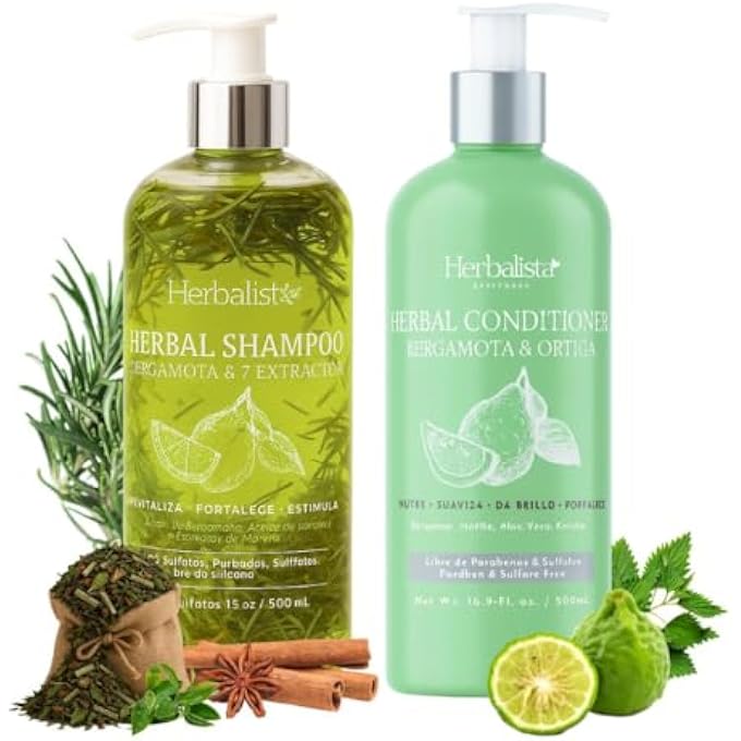 Herbalista Viral Bergamot Herbal Shampoo + Conditioner 1000ml (33 fl oz) Each â€“ With 7 Extracts: Rosemary, Ginger, Anise, Green Tea, Horsetail & Cinnamon â€“ Shampoo & Acondicionador Bergamota