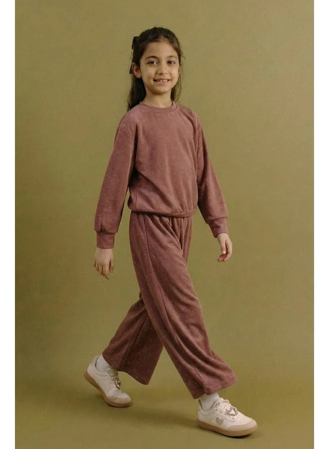 Perendi Girl's Stone-Detail Wide-Leg Seasonal Top and Bottom Set.