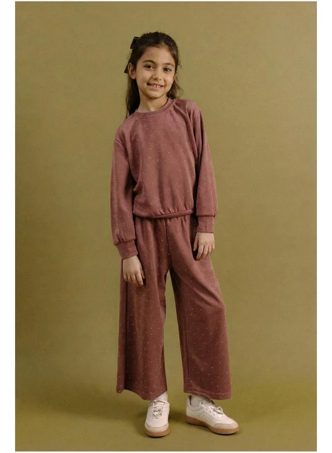 Perendi Girl's Stone-Detail Wide-Leg Seasonal Top and Bottom Set.
