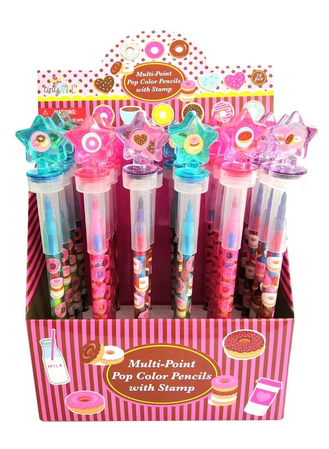 TINYMILLS 24 Pcs Donuts 2 in 1 Stackable Stacking Crayon with Extra Stamper Topper, Kids Party Favors, Goodie Bag Stuffers, Classroom Rewards, Prizes - Image 1