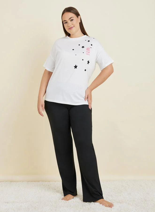 Styli Plus Falling Stars Drop Shoulder T-Shirt & Pyjama Set