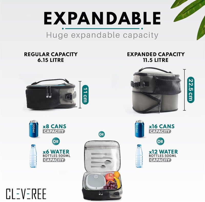 CLEVEREE Expandable Insulated Lunch Bag, Adjustable Strap, Unisex, with Cooler Leakproof Bag, 11.5 L, Grey - Image 4