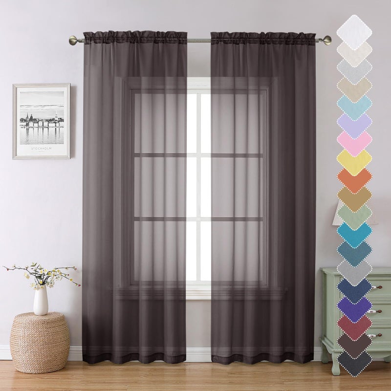 Lecloud Chocolate Sheer Curtains 96 Inches Long 2 Panels  Voile Breathable Sheer Curtain for Windows  Soft Transparent Curtains for Living Room Bedroom Rod Pocket  Each Panel 42 X 96 Inch - Image 1