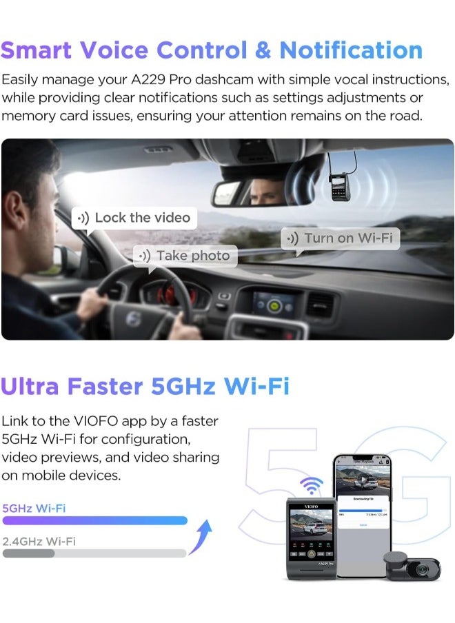 Viofo - VIOFO A229 Pro 4K HDR Dash Cam, Dual STARVIS 2 IMX678 IMX675, 4K+2K Front and Rear Car Camera, 2 Channel with HDR, Voice Control, 5GHz WiFi GPS, Night Vision 2.0, 24H Parking Mode, Support 512GB Max - Image 1