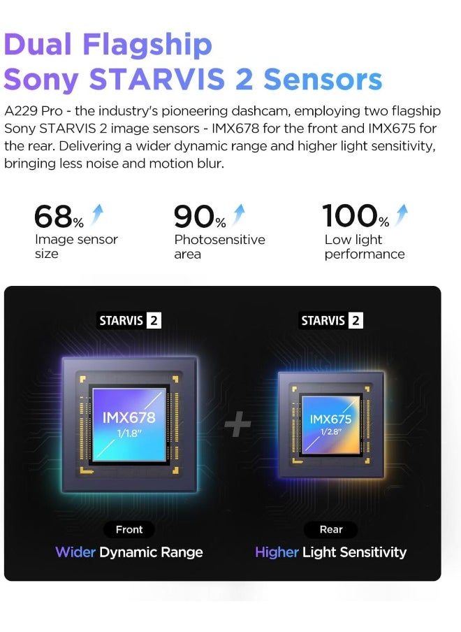 Viofo - VIOFO A229 Pro 4K HDR Dash Cam, Dual STARVIS 2 IMX678 IMX675, 4K+2K Front and Rear Car Camera, 2 Channel with HDR, Voice Control, 5GHz WiFi GPS, Night Vision 2.0, 24H Parking Mode, Support 512GB Max - Image 1