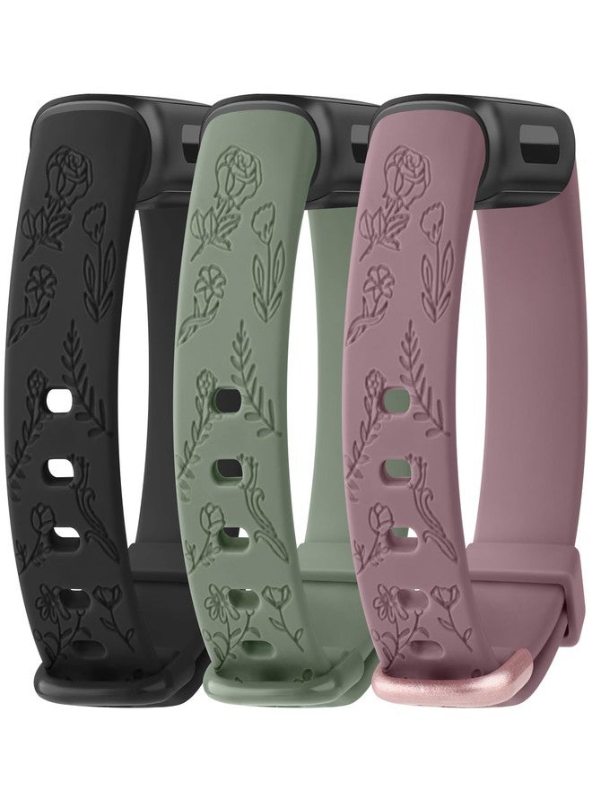 Meliya Compatible with Fitbit Inspire 3 Bands for Women Men, Floral Engraved Silicone Straps Replacement Wristband for Fitbit Inspire 3 Fitness Tracker (Black+Green+Smoke Violet) - Image 1
