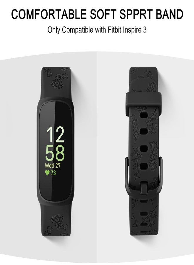 Meliya Compatible with Fitbit Inspire 3 Bands for Women Men, Floral Engraved Silicone Straps Replacement Wristband for Fitbit Inspire 3 Fitness Tracker (Black+Green+Smoke Violet) - Image 2