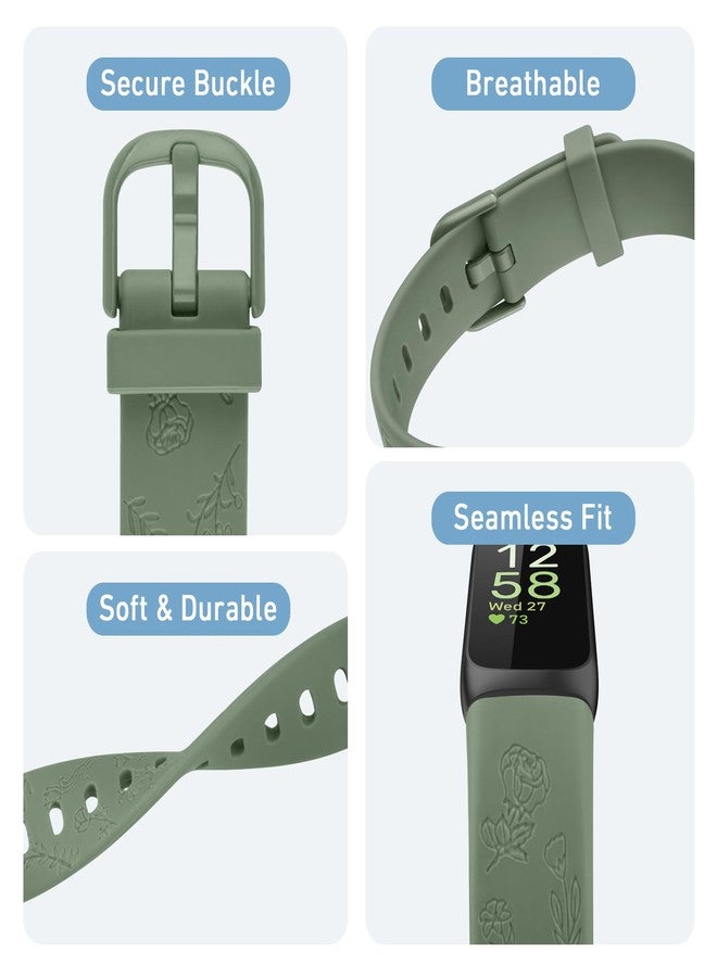 Meliya Compatible with Fitbit Inspire 3 Bands for Women Men, Floral Engraved Silicone Straps Replacement Wristband for Fitbit Inspire 3 Fitness Tracker (Black+Green+Smoke Violet) - Image 3