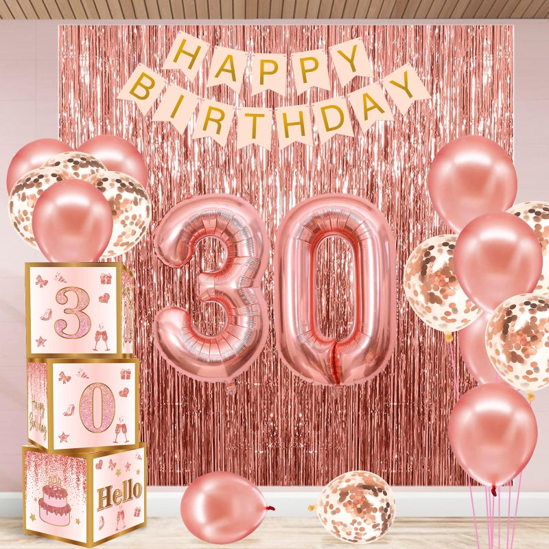 RTHPY 30th Birthday Decorations for Her30 Year Old Boxes Decor for Girls Women Happy 30th Birthday Banner Kits Pink Rose Gold Number 30 Foil Balloons Party Supplies Rose Gold Tassel Curtain - Image 2