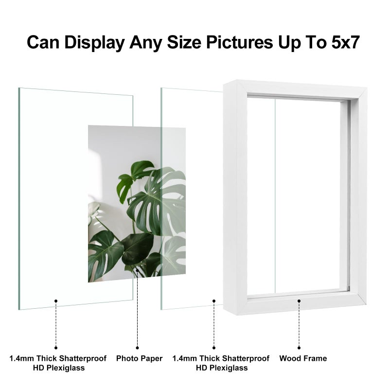 Egofine 5x7 Floating Frames Set of 2  Double Plexiglass Picture Frame  Made of Solid Wood Display Any Size Photo up to 5x7  Wall Mount or Tabletop Standing  White - Image 3