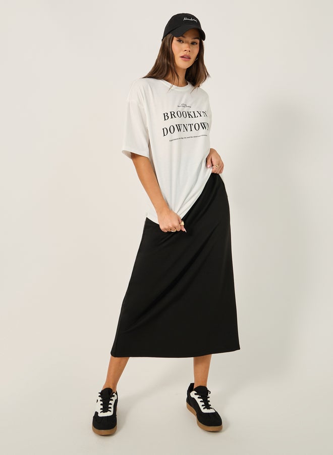 Styli Oversized Slogan Print T-Shirt and Midi Skirt Co-Ords  - Image 2