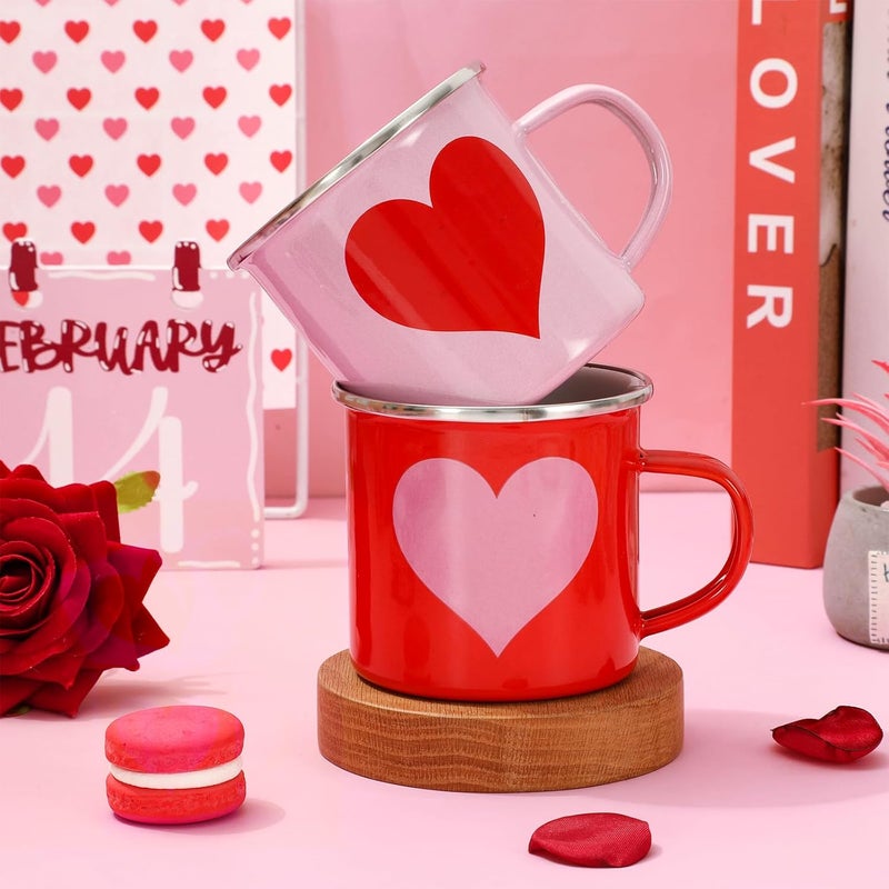 Whaline 2Pcs Valentines Day Enamel Mug Set Red Pink Heart Coffee Mug Love Heart Drinking Cups for Valentines Day Wedding Party Supplies Table Centerpieces 12oz - Image 3