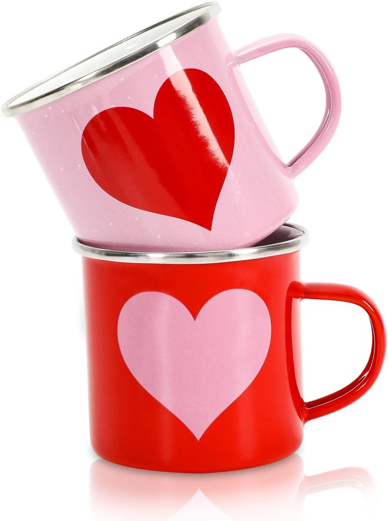 Whaline 2Pcs Valentines Day Enamel Mug Set Red Pink Heart Coffee Mug Love Heart Drinking Cups for Valentines Day Wedding Party Supplies Table Centerpieces 12oz - Image 1