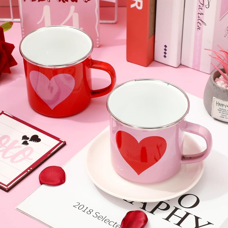 Whaline 2Pcs Valentines Day Enamel Mug Set Red Pink Heart Coffee Mug Love Heart Drinking Cups for Valentines Day Wedding Party Supplies Table Centerpieces 12oz - Image 4