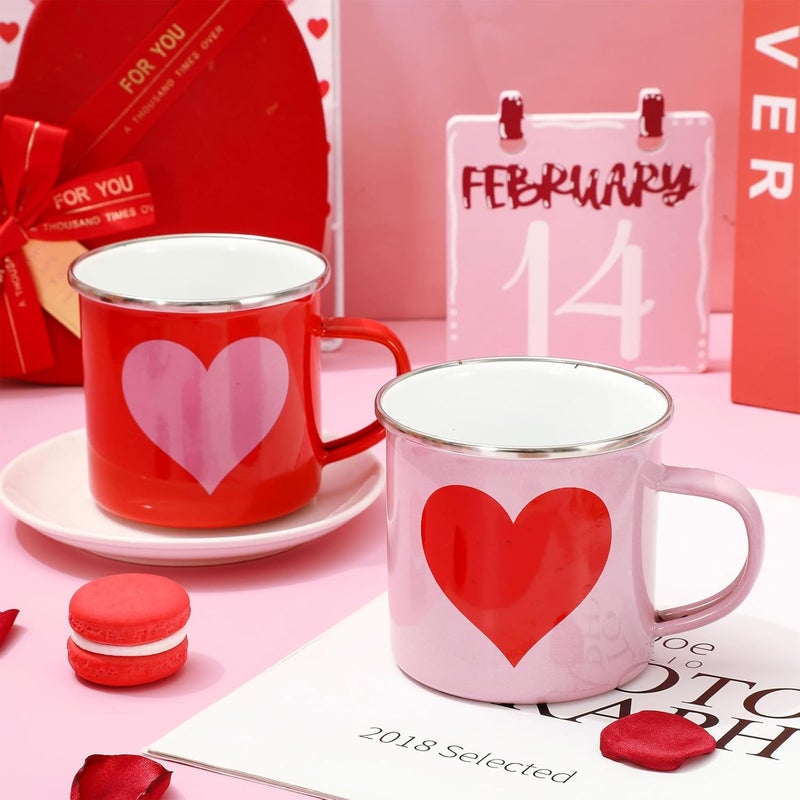Whaline 2Pcs Valentines Day Enamel Mug Set Red Pink Heart Coffee Mug Love Heart Drinking Cups for Valentines Day Wedding Party Supplies Table Centerpieces 12oz - Image 5