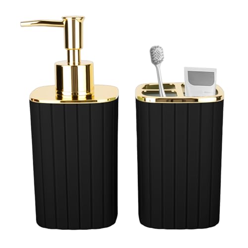 RRM 2PCS Bathroom Accessories Set, Black and Gold Bathroom Accessories Include Soap Dispenser and Toothbrush Holder for Boho Bathroom Decor - Image 1