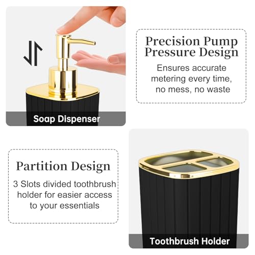 RRM 2PCS Bathroom Accessories Set, Black and Gold Bathroom Accessories Include Soap Dispenser and Toothbrush Holder for Boho Bathroom Decor - Image 3