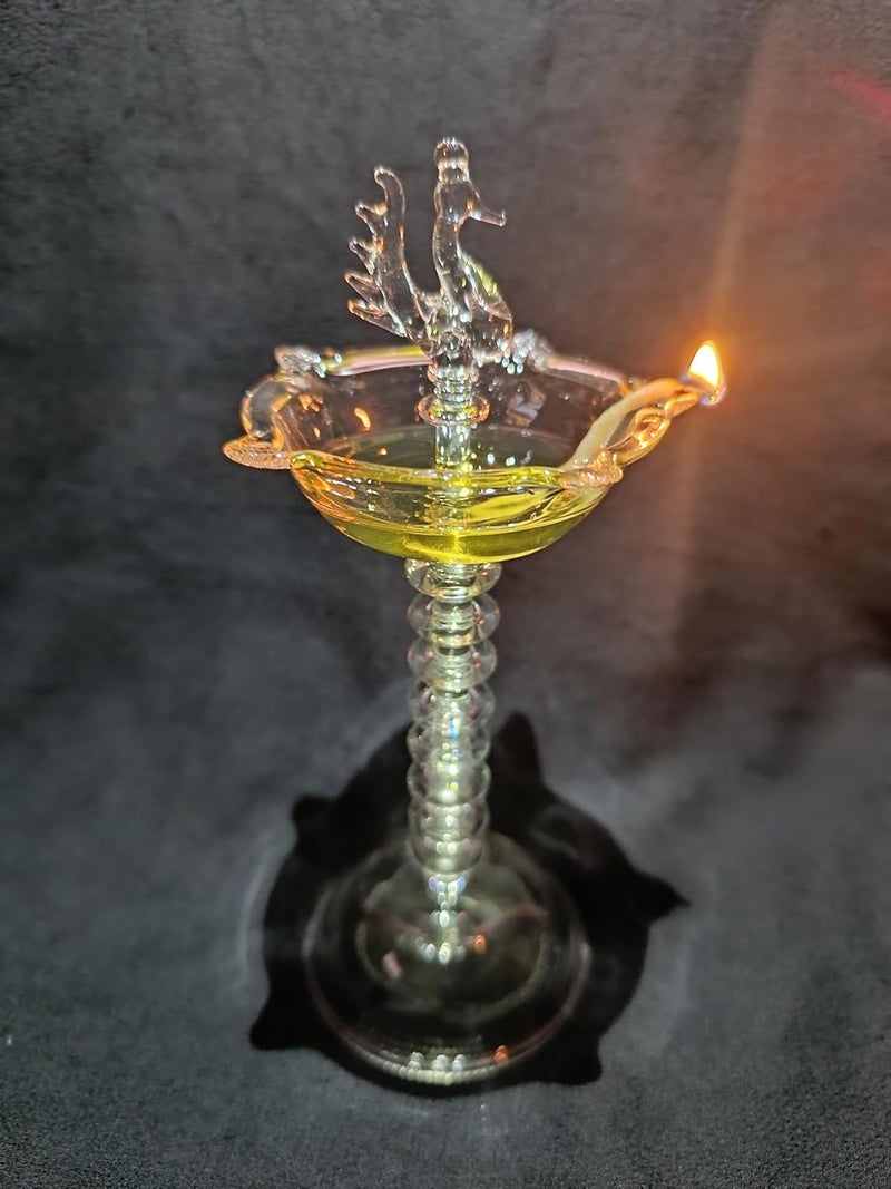 Generic Peacock Ring Glass Samai Clear Borosilicate Glass Oil Lamp 8 Inches Festive Religious Home Decor Gift - Image 2