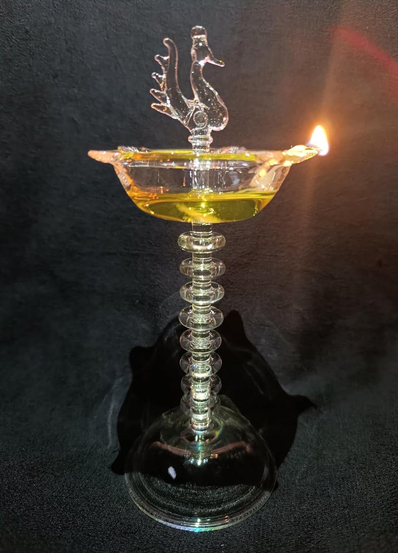 Generic Peacock Ring Glass Samai Clear Borosilicate Glass Oil Lamp 8 Inches Festive Religious Home Decor Gift - Image 1