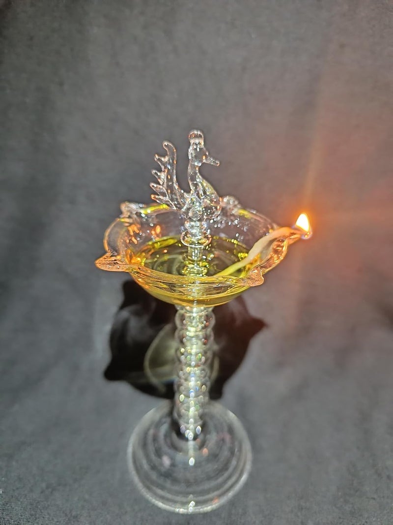 Generic Peacock Ring Glass Samai Clear Borosilicate Glass Oil Lamp 8 Inches Festive Religious Home Decor Gift - Image 3